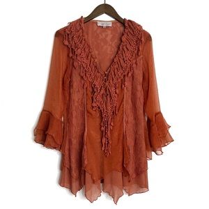 Pretty Angel Boho Silk Rust Orange Lace Ruffle Top